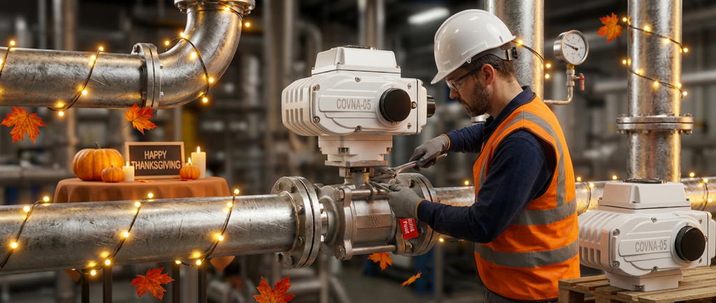 Technician repairing COVNA ball valve with industrial pipeline in background