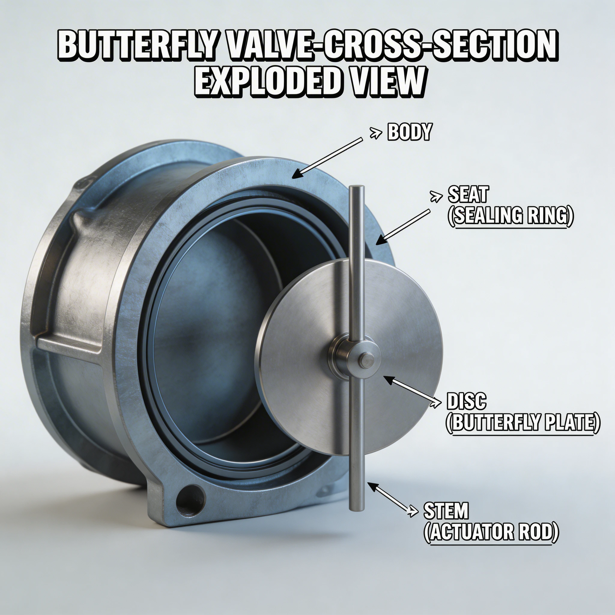 Cross-section diagram showing butterfly valve internal structure with disc, stem, and seat components