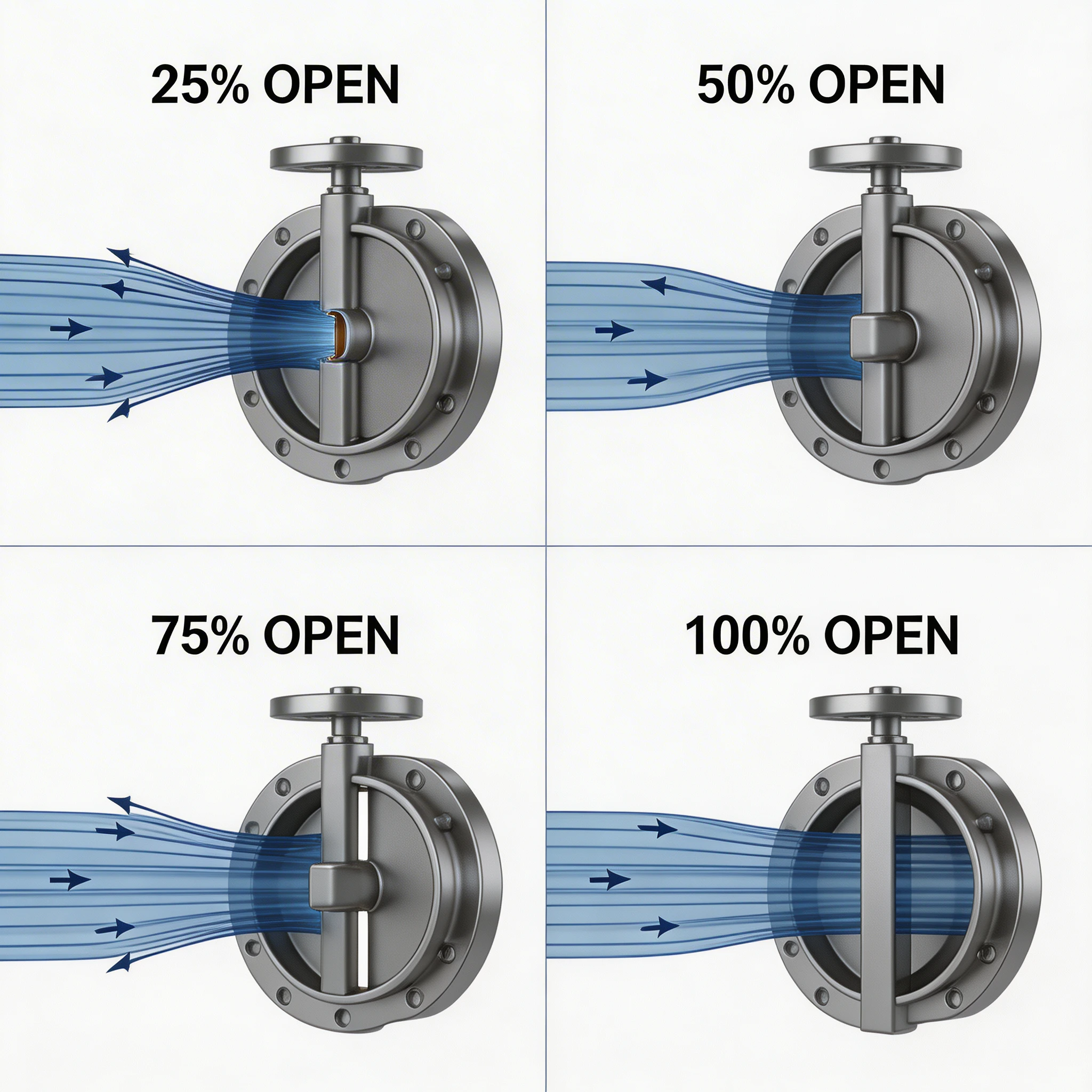 Diagram showing fluid flow patterns through butterfly valve at different opening angles