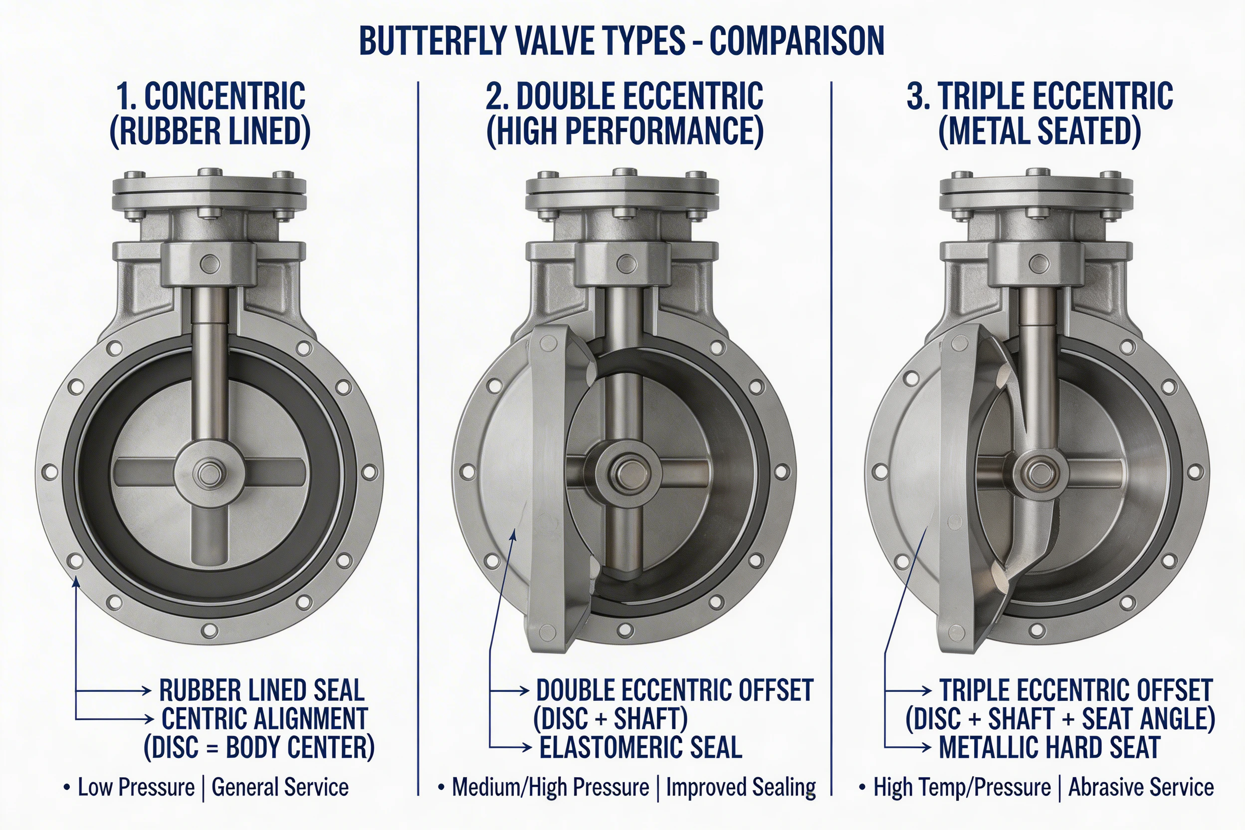 Comparison image showing concentric, double offset, and triple offset butterfly valve designs
