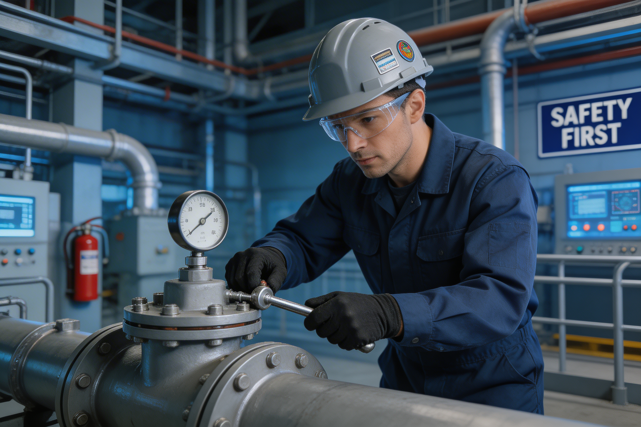 Technician installing pressure control valve on industrial pipeline system