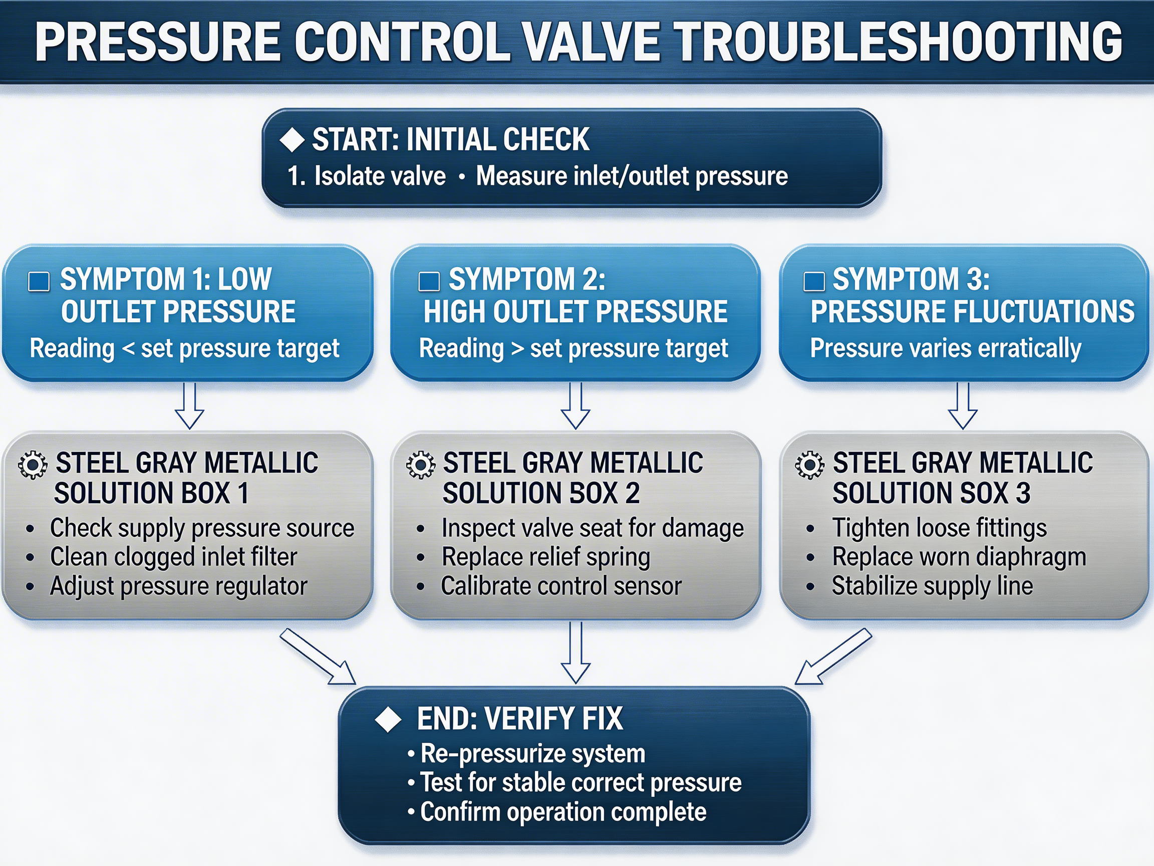 Pressure control valve troubleshooting flowchart diagram with diagnostic steps