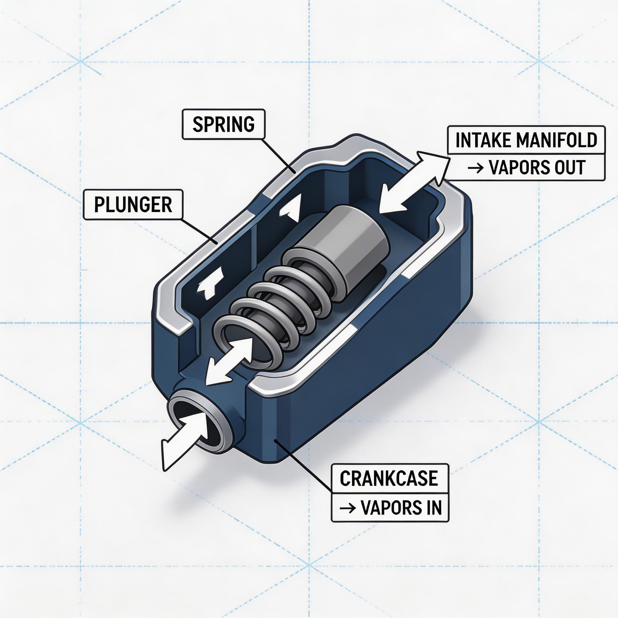 PCV Valve Working Principle Diagram - Technical cross-section showing internal plunger, spring mechanism and airflow direction