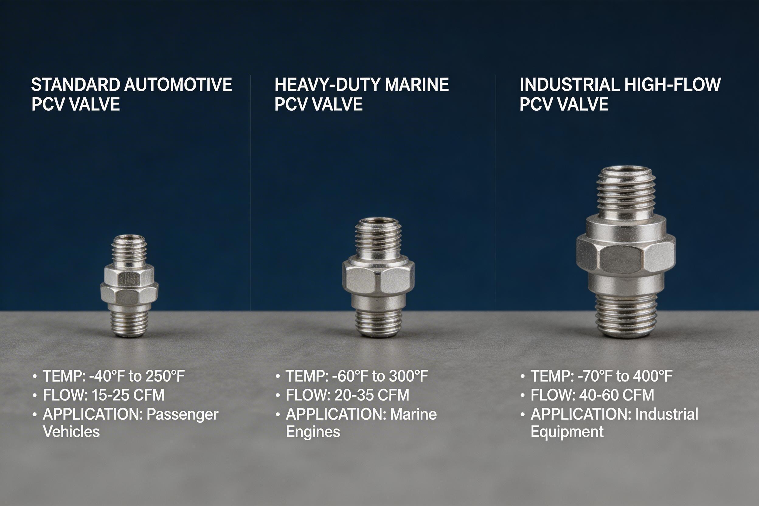 PCV Valve Types Comparison - Standard automotive, heavy-duty marine grade, and industrial high-flow variants