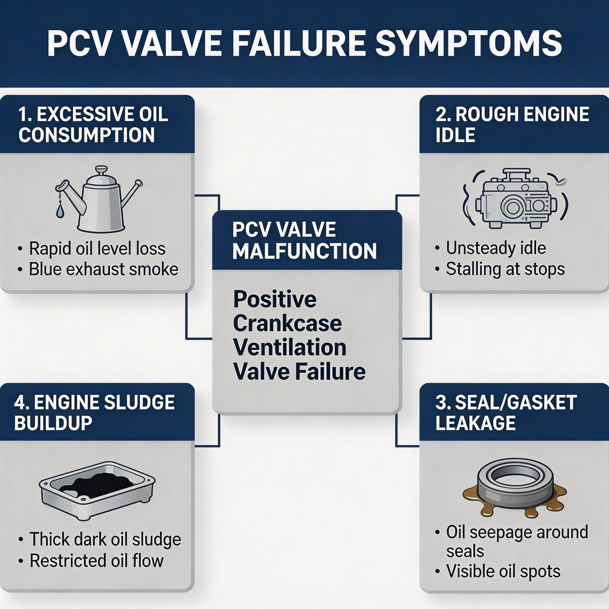 PCV Valve Diagnostic Infographic - Failure symptoms including oil consumption, rough idle, seal leakage, sludge accumulation