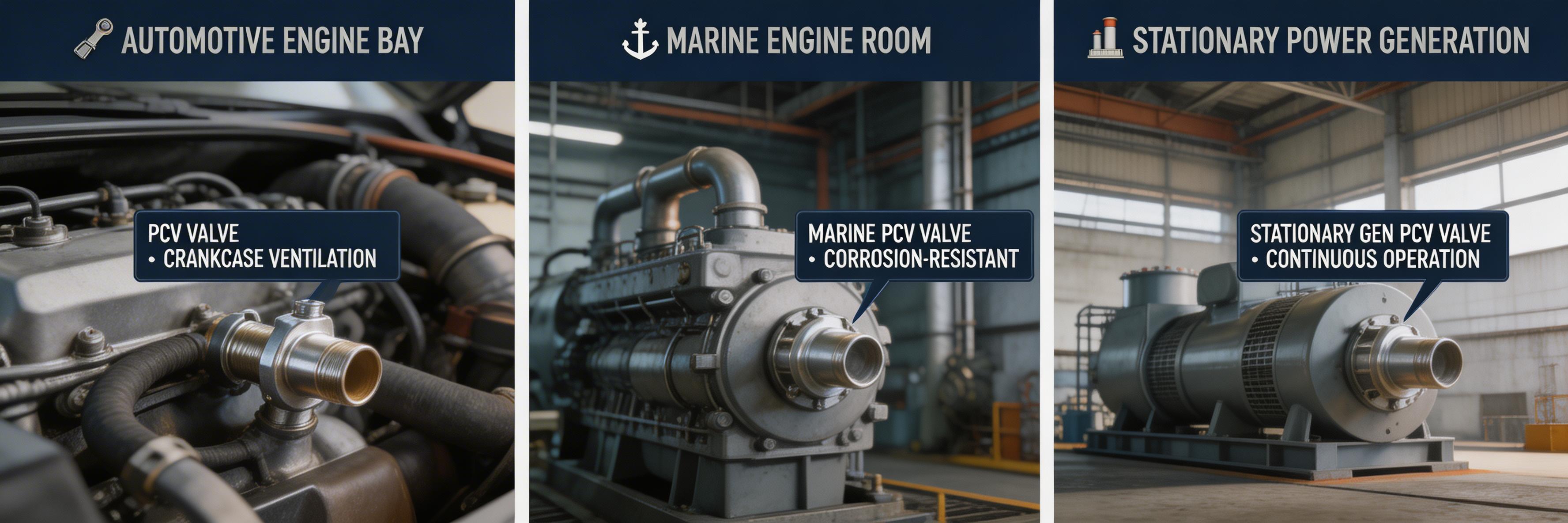 PCV Valve Applications - Automotive engine bay, marine engine room, and stationary power generation facility